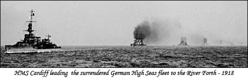HMS Cardiff leading the surrendered German High Seas Fleet to the River Forth - 1918