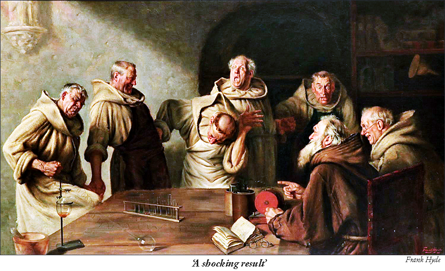 Monks performing experiments in Electroscience